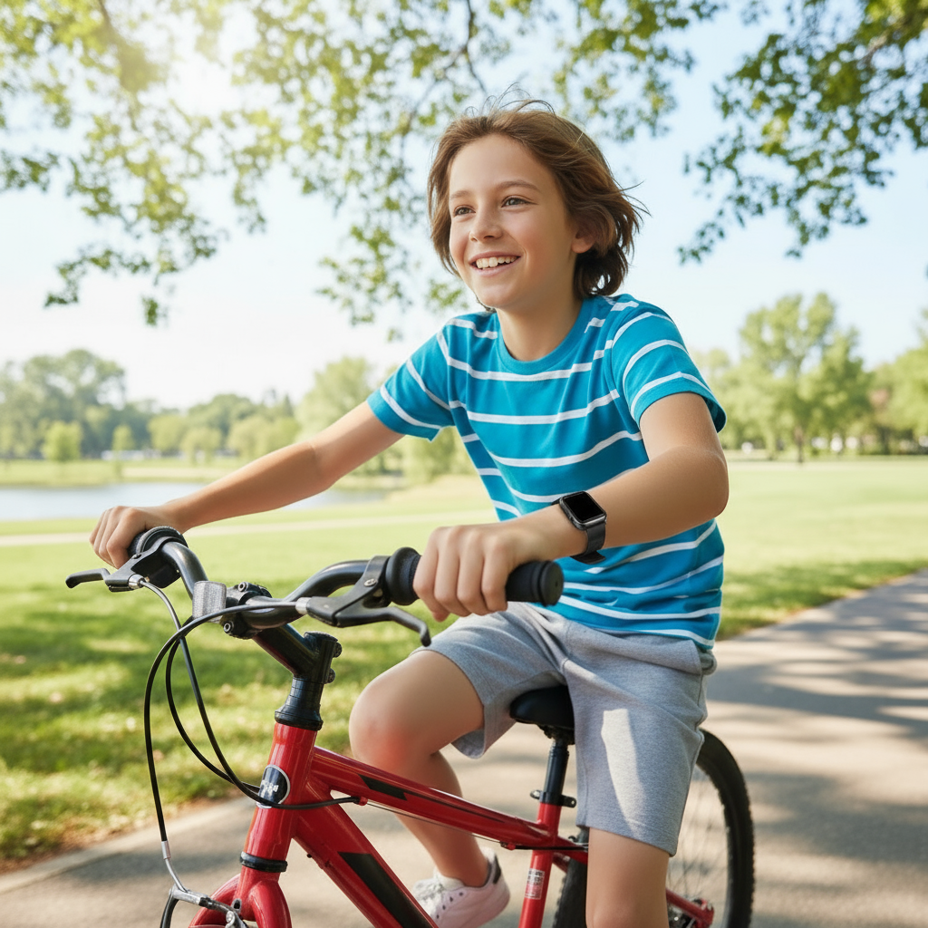 Barn cyklar med mindre smartklocka