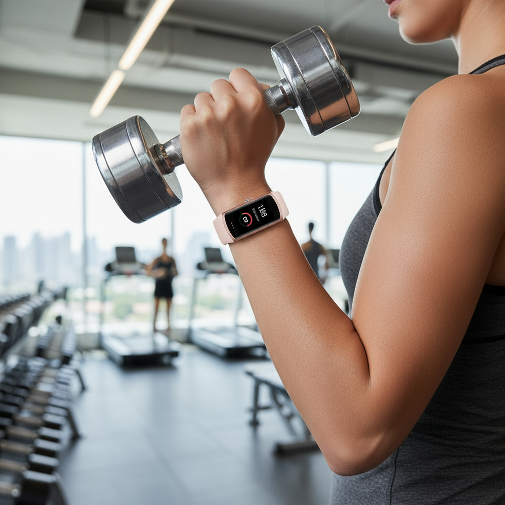 Gymträning med rosa fitness tracker