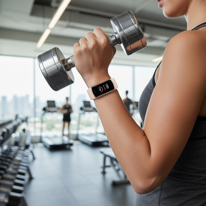 Gymträning med rosa fitness tracker