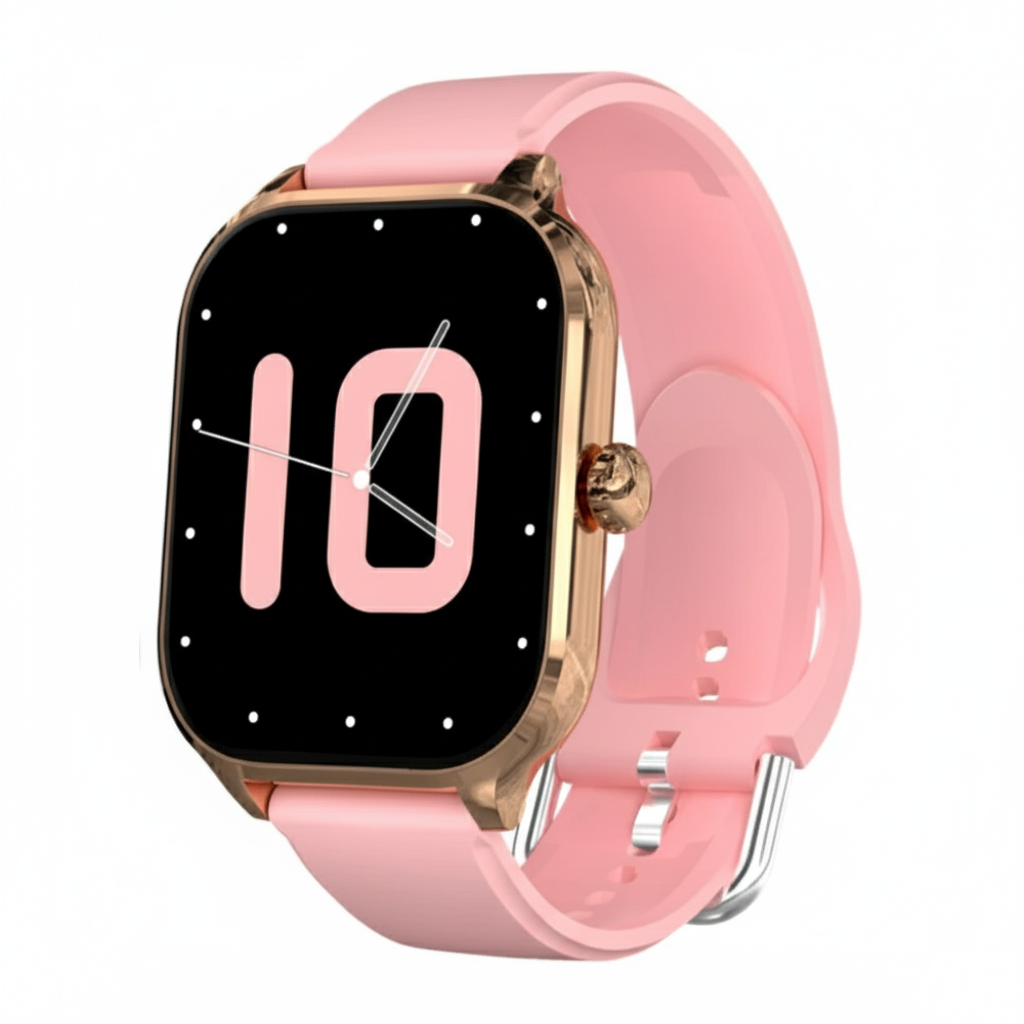 Rosa smartklocka med roséguldram - professionell studiobild