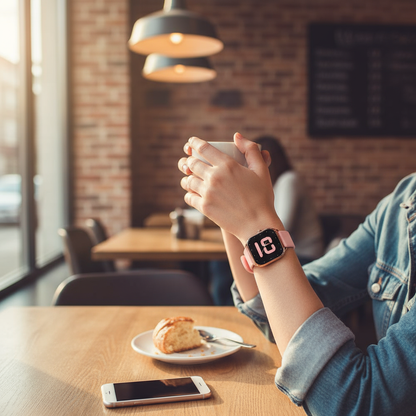 Rosa smartklocka på café