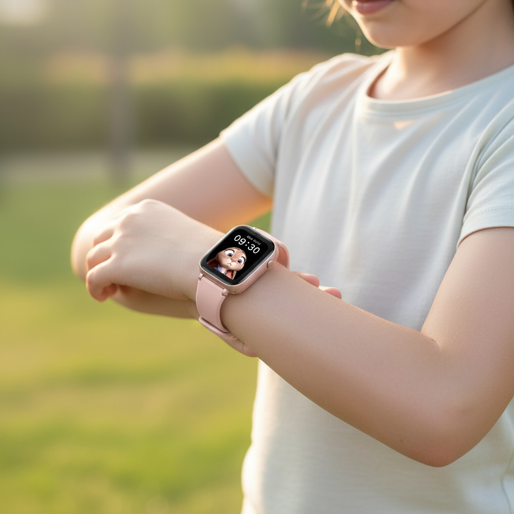 Rosa smartklocka på flickas handled