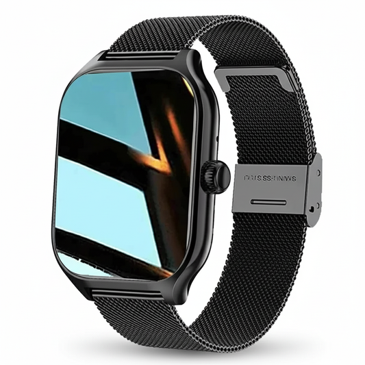 Smartklocka med svart mesh-armband - professionell studiobild