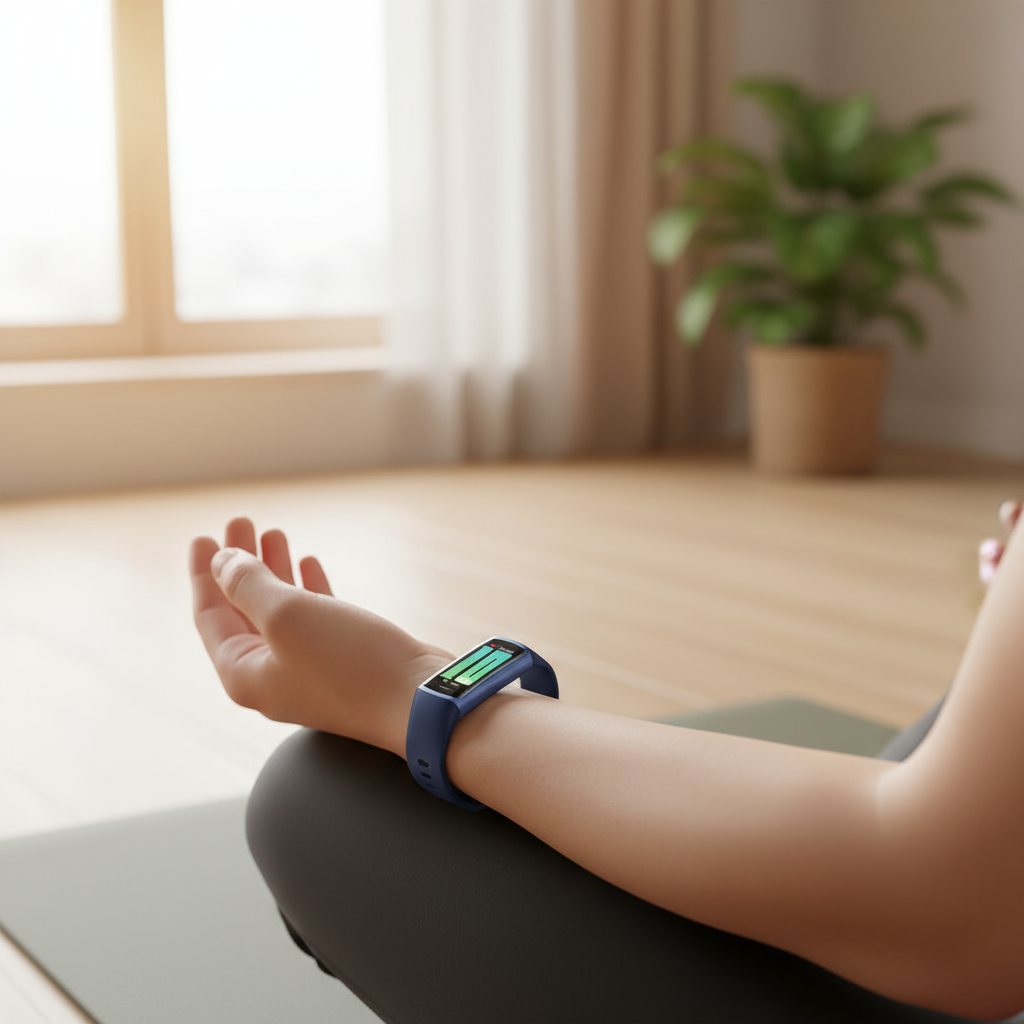 Yoga med marinblå fitness tracker