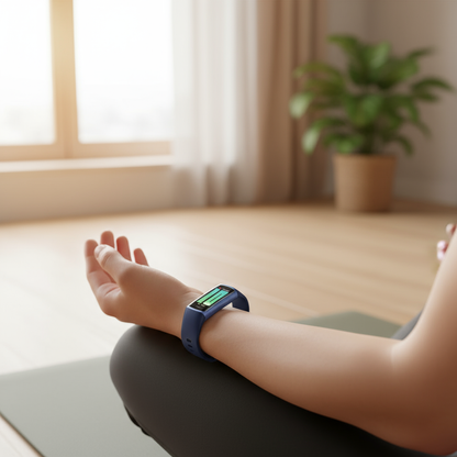 Yoga med marinblå fitness tracker